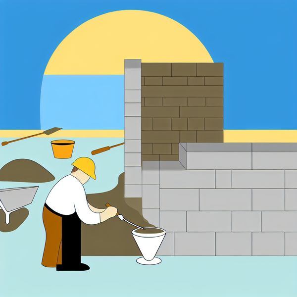 Cementeren voor Stevige Muren - Bouwillustratie Een minimalistische illustratie van een bouwscene met een bouwvakker die cement aanbrengt op een grijze bakstenen muur.