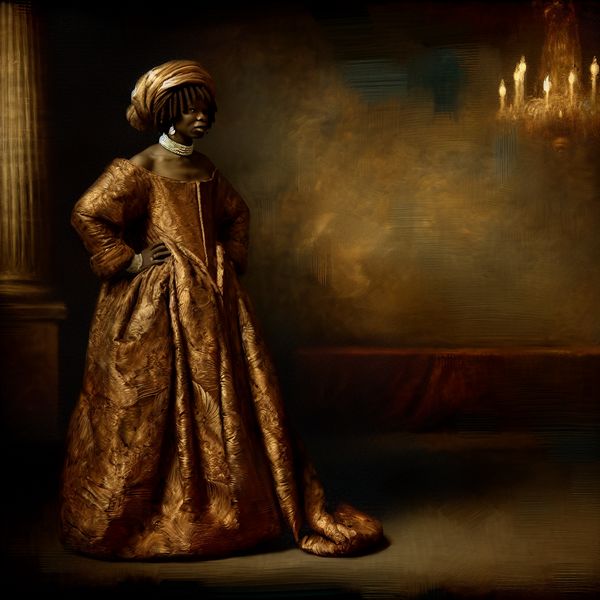 Ceremonieel gewaad in Rembrandt-stijl: elegante gala-outfit met chiaroscuro-effect Vrouw in een luxueus ceremonieel gewaad met rijke stof en dramatische belichting in Rembrandt-stijl