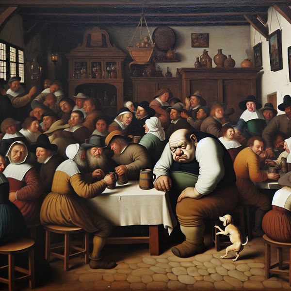 Een grote, chagrijnige man, die lijkt op een beer, zit alleen aan een tafel in een drukke herberg.