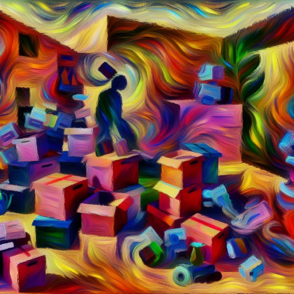 Chaos en Stress van Verhuizen Abstracte weergave van een chaotische huiselijke omgeving tijdens een verhuizing met een silhouet van een overweldigde persoon te midden van kleurrijke dozen.