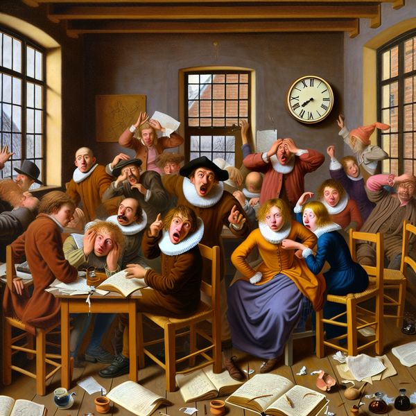 Chaos in de Klas: Studenten Worstelen met Moeilijke Oefening Groep studenten in een klaslokaal, in een frustrerende situatie met open boeken en papieren, buiten regent het, tijd vliegt.