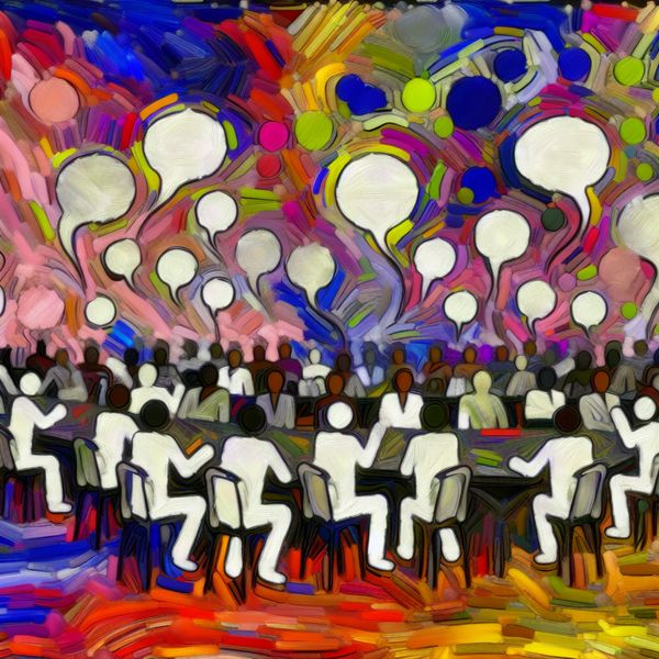 Chaos in de Koffiebar - Abstracte Conversatie Abstracte afbeelding van een drukke koffiebar met mensen die enthousiast praten, omringd door kleurrijke spraakwolken vol nonsens.