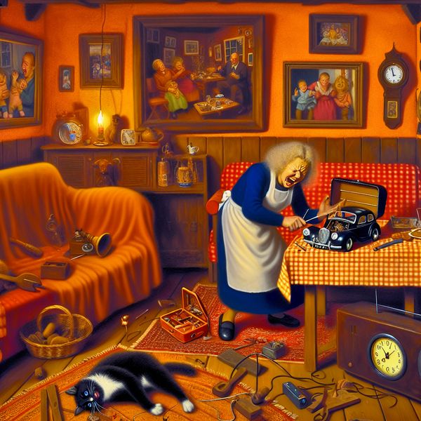 Frustrated person fixing a broken car model in a cozy living room, with a playful cat and family pictures.