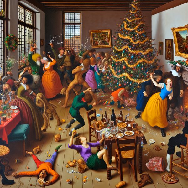 Lively Christmas party scene in a Dutch living room with festive attendees dancing and children throwing glitter