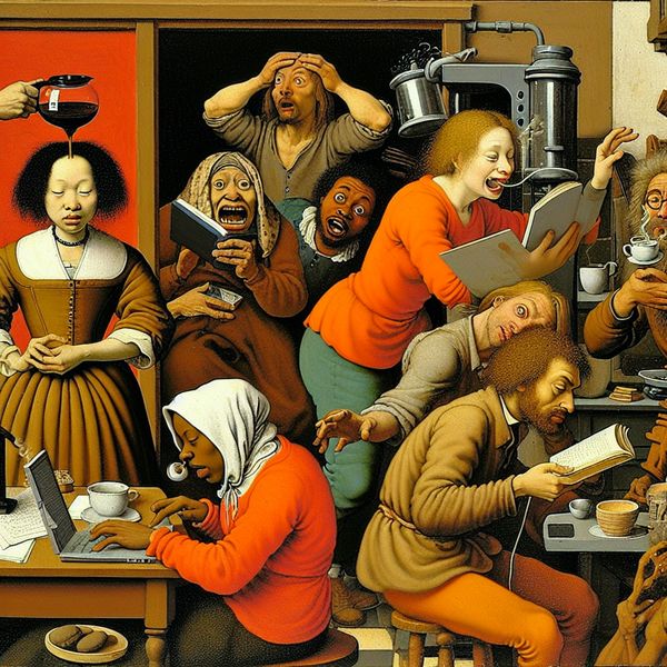 Een levendige en humoristische weergave van een chaotisch huishouden waar familieleden afgeleid worden door een defect koffiezetapparaat terwijl ze proberen te werken en studeren.
