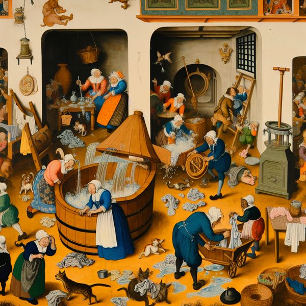 17e-eeuws Nederlands huishouden vol chaos en problemen, vrouw wast kleding terwijl alles misgaat in de stijl van Jan Steen