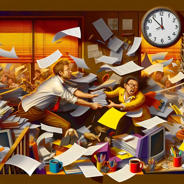 Humoristische afbeelding van een chaotische kantooromgeving met medewerkers die frantically werken aan rapporten terwijl de klok een week aangeeft en papieren door de lucht vliegen.