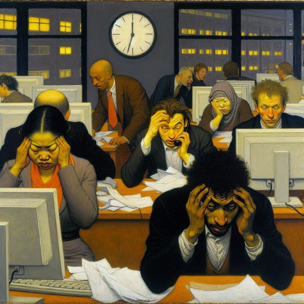 Uitgeputte werknemers in een chaotisch kantoor tijdens een uitdagend project Een chaotisch kantoor met uitgeputte werknemers die laat aan een uitdagend project werken, met verspreide papieren en computers.