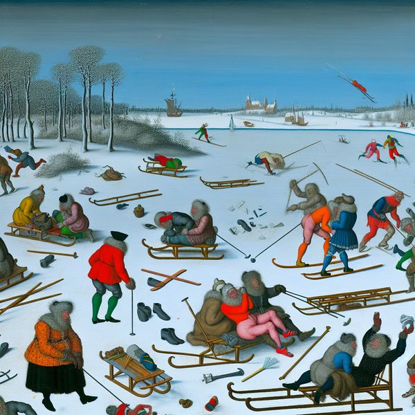 Chaotisch winterlandschap met verwarrende activiteiten rond een bevroren meer Chaos in een winterlandschap met mensen bezig rond een bevroren meer, rommelige sleetjes en een verwarrende sfeer