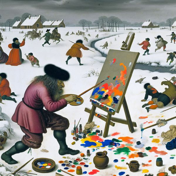 Chaotisch winterlandschap in de stijl van Hendrick Avercamp Een ongeorganiseerde schilder aan het werk in winterlandschap, met verf en kwasten verspreid om hem heen