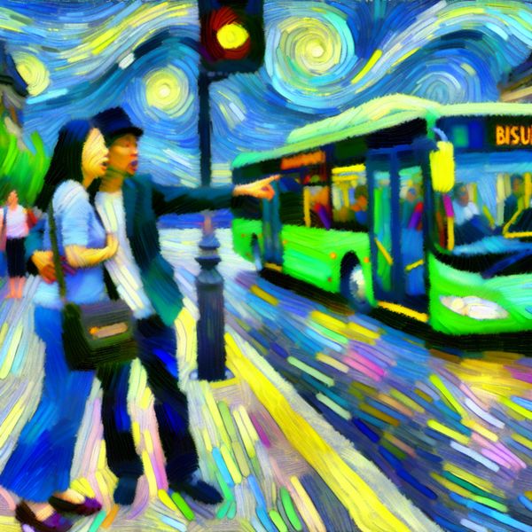 chaotische en levendige bushalte scène met een persoon die hun metgezel aanspoort te haasten naar een vertrekkende bus, in de stijl van Karel Appel