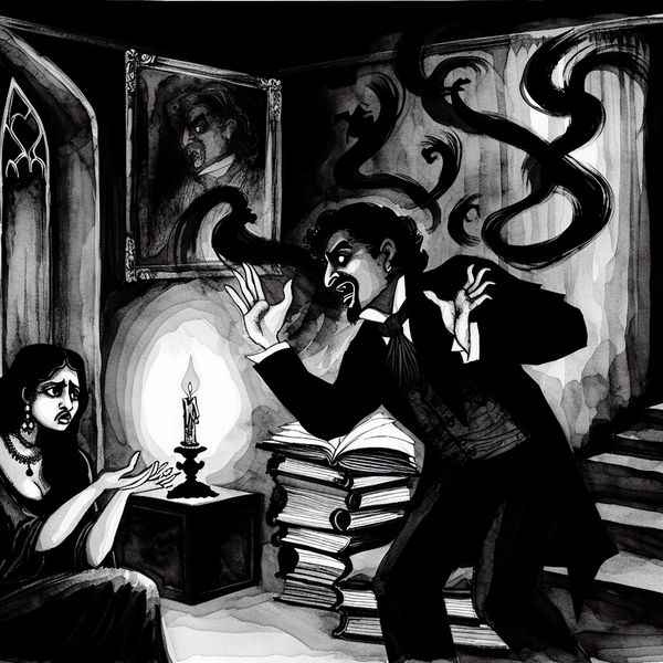 Chaotische discussie in donkere illustratie Illustratie van een chaotische discussie tussen twee figuren in een slecht verlichte kamer vol spanning en disrespect.