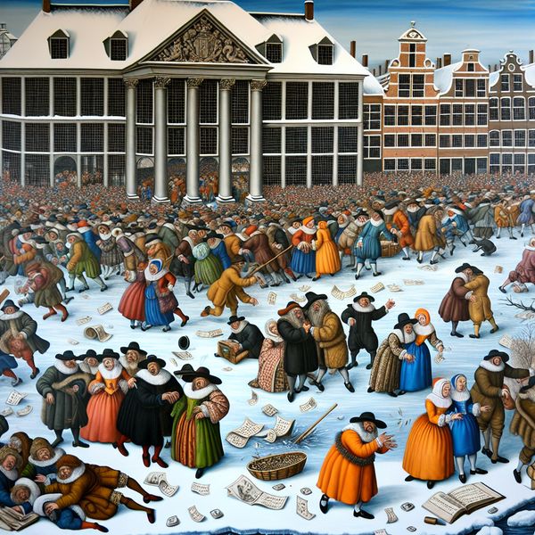 Druk en chaotisch tafereel van een 17e-eeuwse Nederlandse effectenbeurs op een bevroren kanaal, met paniekerige handelaren in historische kleding die papieren en geld vasthouden