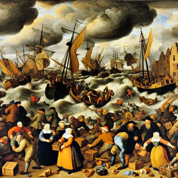 Chaotische haven met problemen voor de scheepvaart Drukke haven met woelig weer en schepen die worden vastgezet door zeelieden, onder donkere wolken.