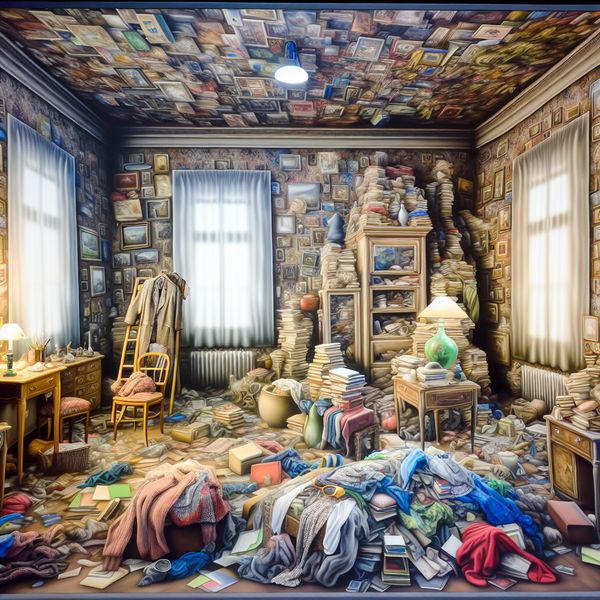 Een chaotische kamer met rommelige meubels, stapels boeken en surrealistische schilderijen aan de muren.