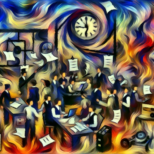 Abstracte compositie van een chaotische kantooromgeving met werknemers die in gesprek zijn, omringd door papieren en klokken.