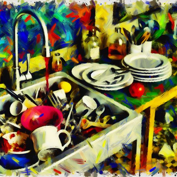 Abstract expressionist kunst van een chaotische keuken met een overlopende gootsteen vol vuile borden en bestek.