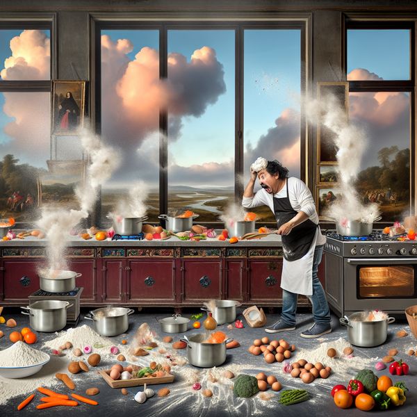 Koken zonder doel: Een chaotische keukenpraktijk Chaotische keuken met een persoon die rommelig aan het koken is zonder recept.