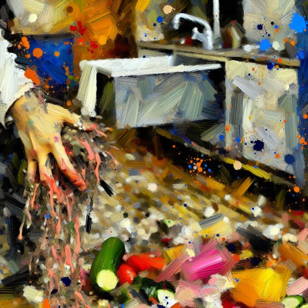 Chaotische Keukenvloer in Abstracte Expressie Abstract expressionism depicting a chaotic kitchen floor covered in spilled groceries and dirt, with a pair of dirty hands reaching for a sink.