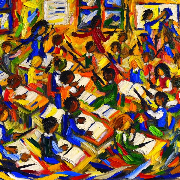 Levensbelang van Onderwijs: Abstract Schilderij van Een Klaslokaal Abstract schilderij van een klaslokaal met kleurrijke, chaotische elementen en kinderen die leren met boeken en kunstbenodigdheden.