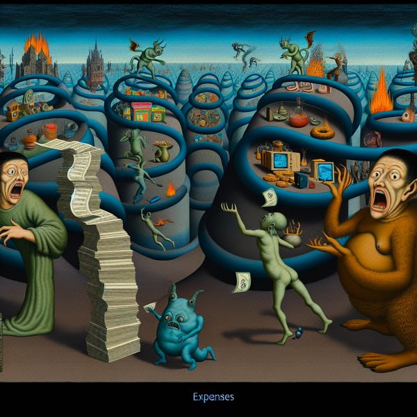 Chaotische Markt van Uitgaven - Inspiratie Bosch Surrealistische afbeelding van een chaotische markt met bizarre wezens die verschillende soorten uitgaven uitbeelden, geïnspireerd door Hieronymus Bosch.