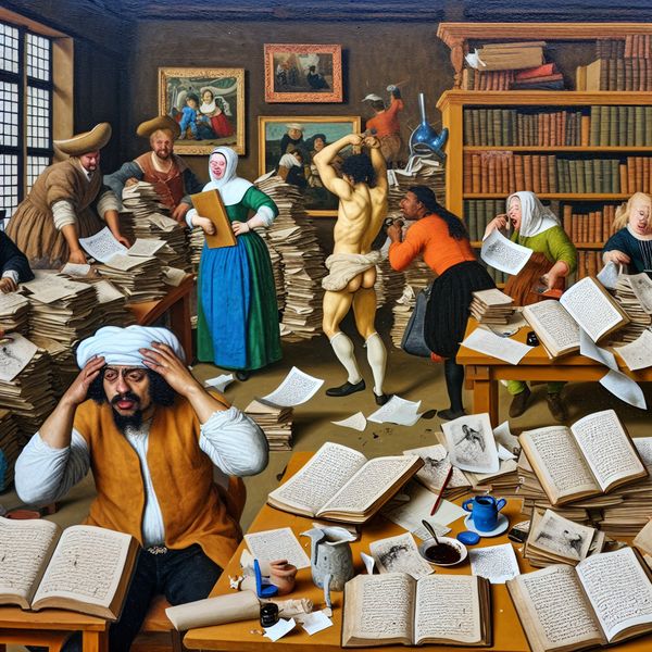 Een chaotische studeerkamer gevuld met boeken en papieren, met een overweldigd personage vooraan en vrienden die samenwerken.