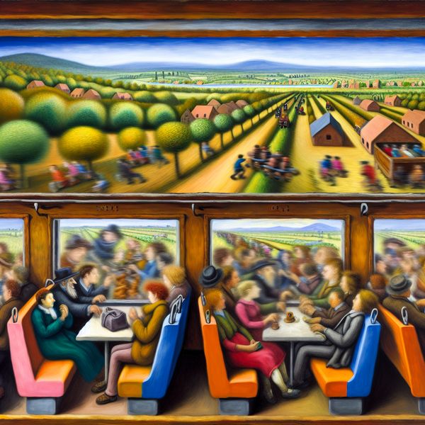 Chaotische trein scène in de stijl van Jan Steen Druk trein interieur met diverse passagiers in een kleurrijk landschap buiten het raam.