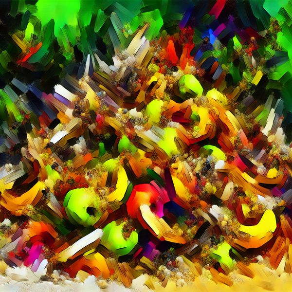 Chaotische Tuin van Verval en Afval Abstract expressionistisch schilderij van een chaotische tuin met verval en bederf, waarin rotten fruit en afval zijn afgebeeld.