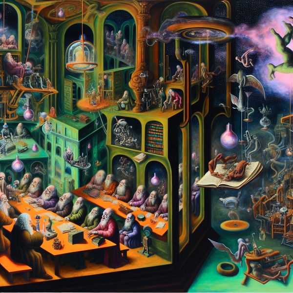 Chaotische vergadering in surrealistische setting geïnspireerd door Carel Willink Surrealistisch schilderij van een chaotische vergadering in een imposante ruimte, met een rommelig ronde tafel en verknipte klokgezichten op de muren.