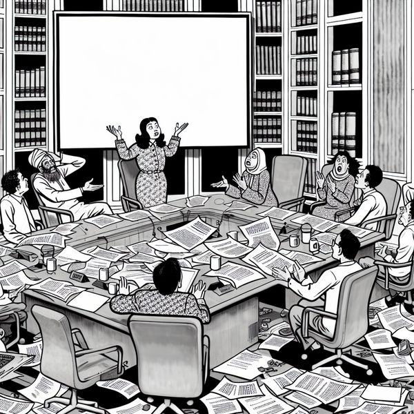 Een chaotische vergaderruimte vol met rommelige kantoorbenodigdheden en verwarrende medewerkers.