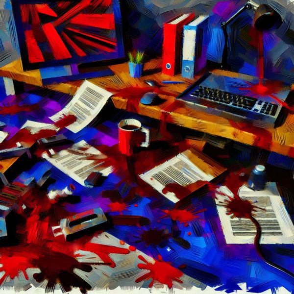 Abstracte Chaotische Werkdag - Frustrerende Ervaring Abstracte weergave van een chaotische werkdag met een rommelig bureau, verspreide papieren, een kapotte computer en gemorste koffie.
