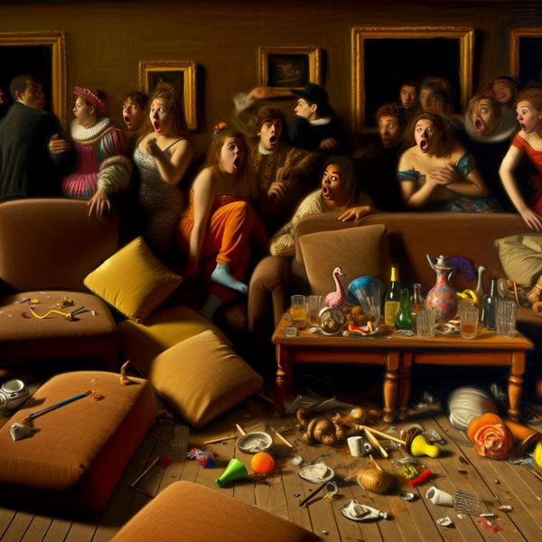 Chaotische woonkamer na een feestje voor taalleerders Chaotische woonkamer na een feestje met verspreide meubels, feestdecoraties en verraste gasten.