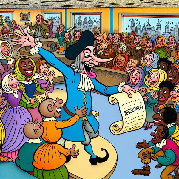 Cartoonachtige afbeelding van een charismatisch personage in een kantoor dat met enthousiasme wijst naar een diverse groep mensen die geïnspireerd luisteren. Het personage houdt een rol scroll met het woord 'Beslissingen'.