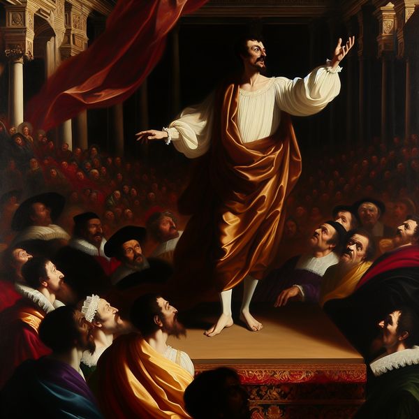 Charismatische spreker overtuigt publiek in barokke stijl - kunst van overtuigen en sympathie winnen Barokke scène van een charismatische spreker die een diverse menigte overtuigt in een weelderige zaal, symbool voor het winnen van sympathie en steun