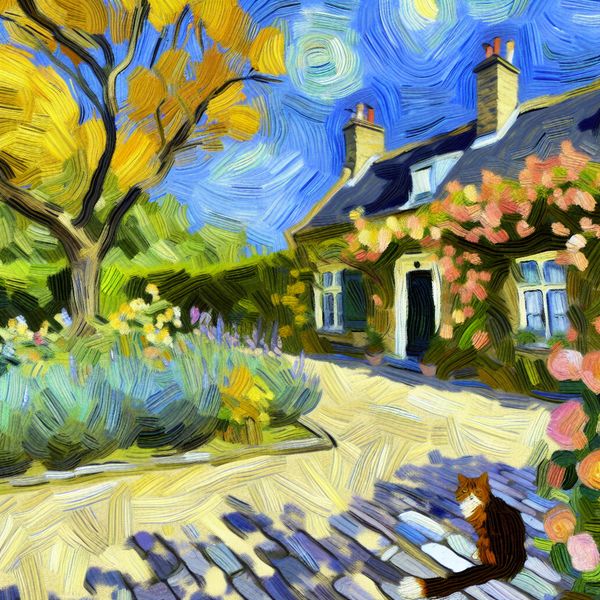 Charmant huis met kat in Van Gogh-stijl Een kleurrijke scène met een schattig huis en een nieuwsgierige kat op de stoep, geïnspireerd door de stijl van Vincent van Gogh.