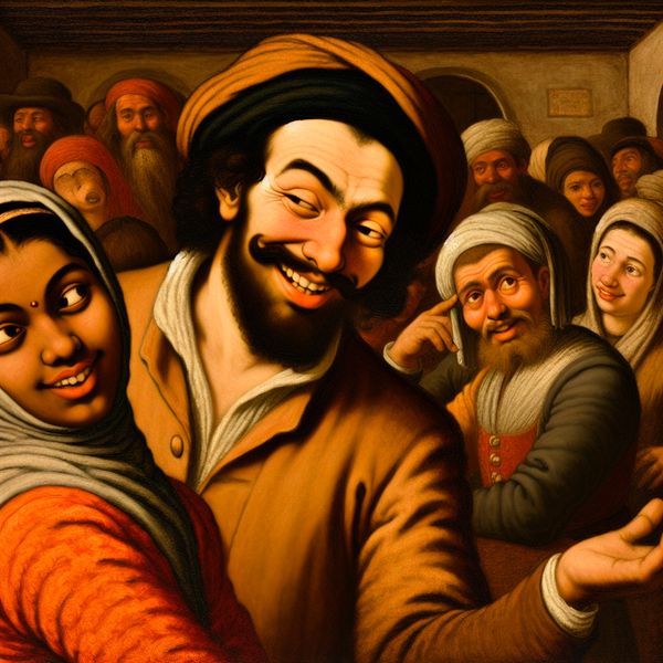 Charmant overtuigen: kunst van vertrouwen winnen in 17e-eeuws Nederland 17e-eeuwse Nederlandse scène in de stijl van Jan Steen: charmante man wint het vertrouwen van een vrouw met een stralende glimlach in een levendige, warme setting