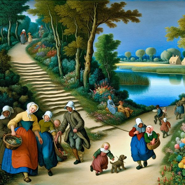 Charmant pad naar serene meer in Jan Steen stijl Een charmant pad dat afloopt naar een serene meer, met een vrouw met een mand, blije kinderen en een spelende hond.