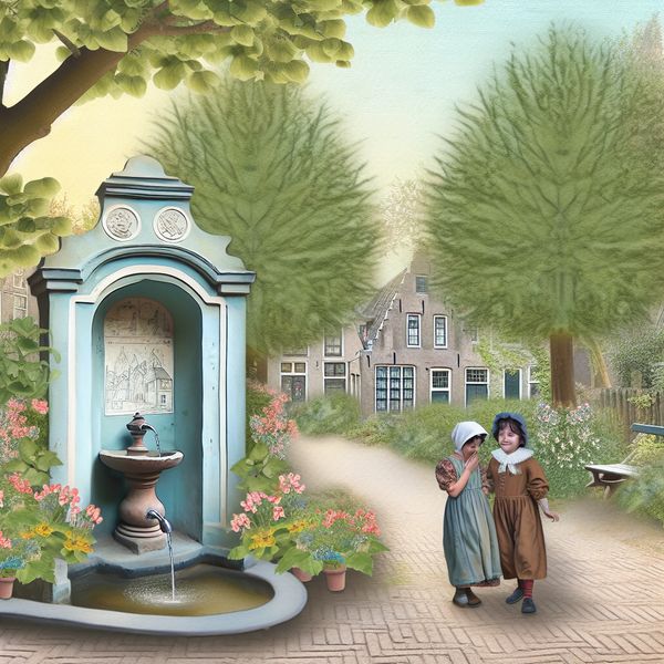 Een schattige parkscène met kinderen die spelen bij een fontein, omgeven door kleurrijke bloemen en bomen.
