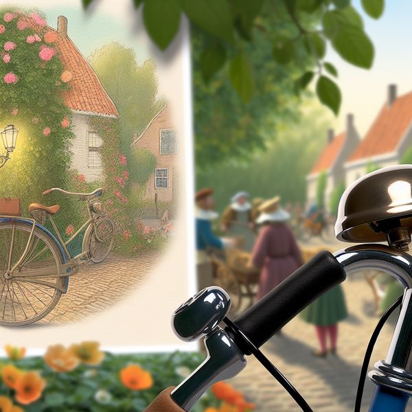 Charmante fietsbel in een bloemenrijke omgeving Een schattig, oversized fietsbelletje met een vrolijk gezicht, hangt aan de handvatten van een klassieke fiets, omlijst door een bloemenrijke tuin.