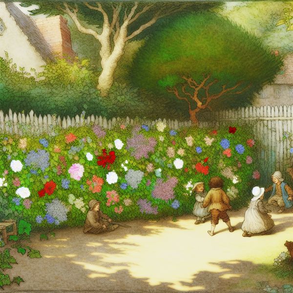 Charmante tuin met kinderen en kleurrijke heg Een charmante tuin met een kleine, groene heg vol kleurrijke bloemen, kinderen die blij spelen in de achtertuin met zonlicht dat door de bomen filtert.