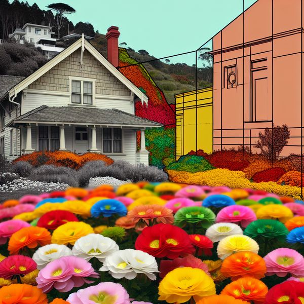 Charmante Tuinscène Met Omsloten Huis Een gezellige tuinscène met een huis omsloten door kleurrijke bloemen in een cirkelpatroon.