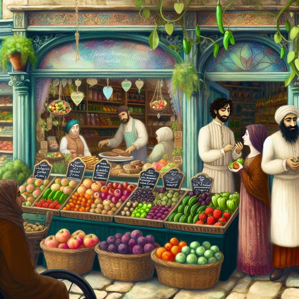 Charmante Vegan Winkel Met Gezonde Snacks Een levendige winkel vol kleurige vegan snacks en verse producten met klanten die met elkaar praten.