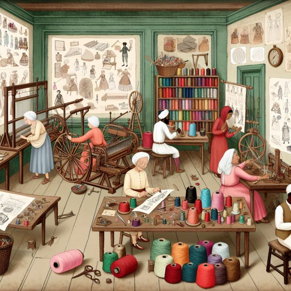 Charmante vintage werkplaats met ambachtslieden aan het werk Vintage workshop met vrolijke ambachtslieden bezig met creatieve projecten, omringd door kleurrijke garens en schetsen.