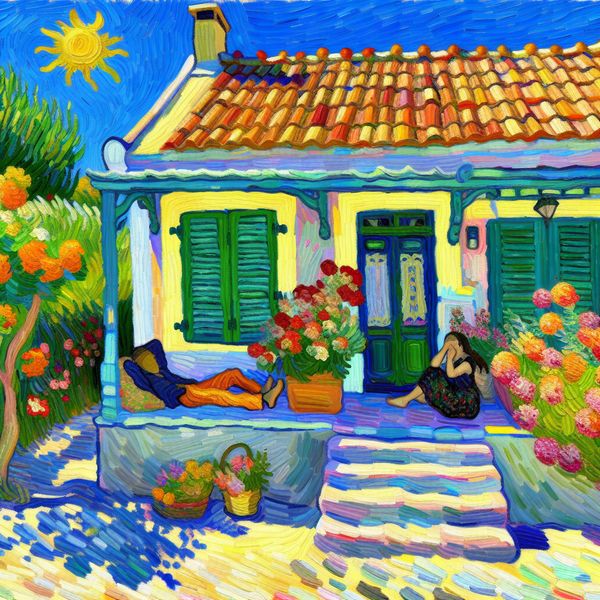 Charmante zomerstoep voor een huis in stijl van Van Gogh Vrolijke zomer scène met een charmante stoep voor een huis, omringd door kleurrijke bloemen en mensen die genieten van de schaduw.