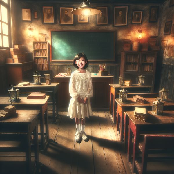 Charming Klaslokaal met Miss Anna Een jong meisje, 'Miss Anna', in een sfeervolle klaslokaal vol boeken en schoolspullen.