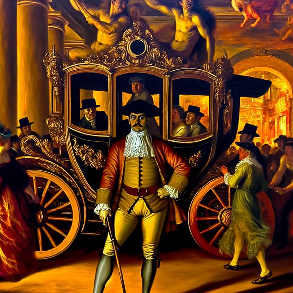 Barokke voorstelling van een trotse chauffeur in historische kleding naast een rijkversierde koets, met passagiers die instappen in een levendige straat