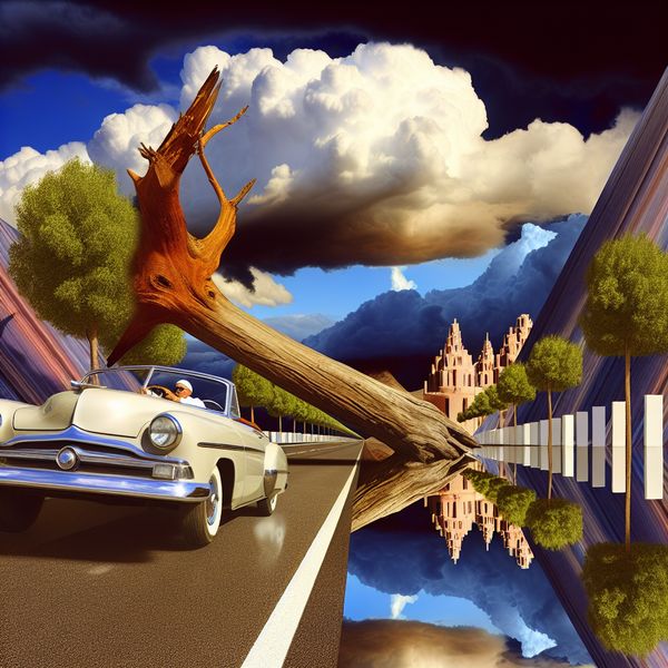 Surrealistische Ontwijking van Obstacle op de Weg Een chauffeur ontwijkt snel een vallende boom op de weg in een surrealistisch landschap.