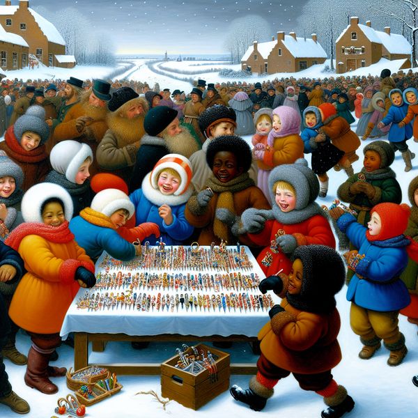 Cheerful winter landscape with children selecting cute pens Gelukkige kinderen in winterkleding kiezen schattige, kleine pennen uit een kleurrijke display in een winters landschap.