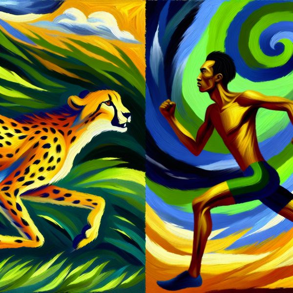 Vergelijking tussen snelheid van een cheetah en een hardloper Een levendige schilderij met een cheetah en een hardloper die snelheid en vastberadenheid symboliseren.