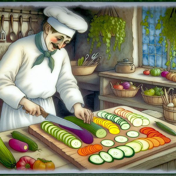 Chef-kok snijdt groenten in platte vormen Een chef-kok snijdt kleurrijke groenten in platte vormen op een houten snijplank in een gezellige keuken.